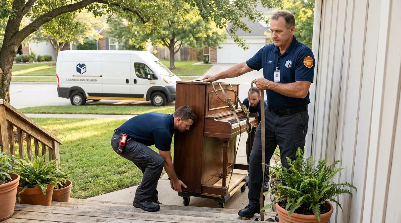 Licensed piano movers securing grand piano in Clifton Springs, NY