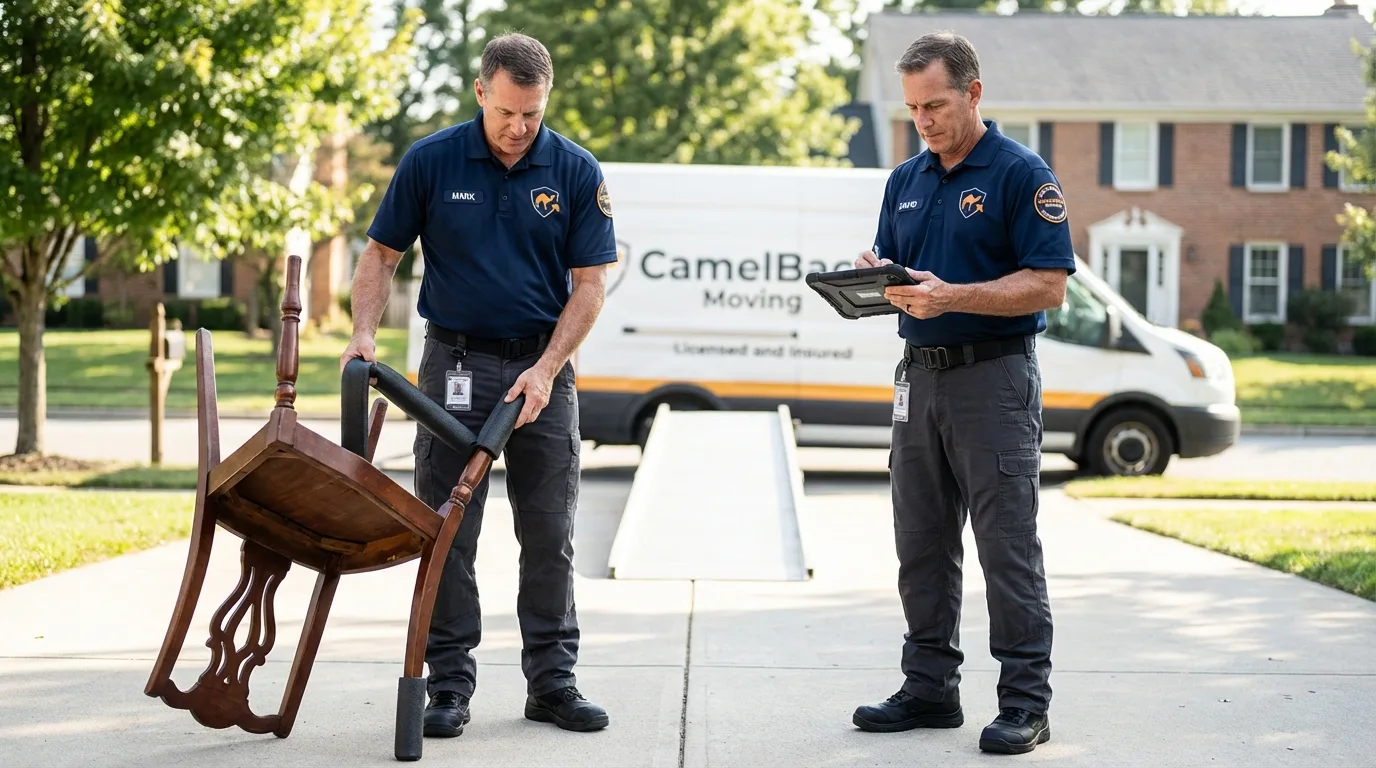 Movers inspecting furniture for damage prevention before loading in Clifton Springs, NY