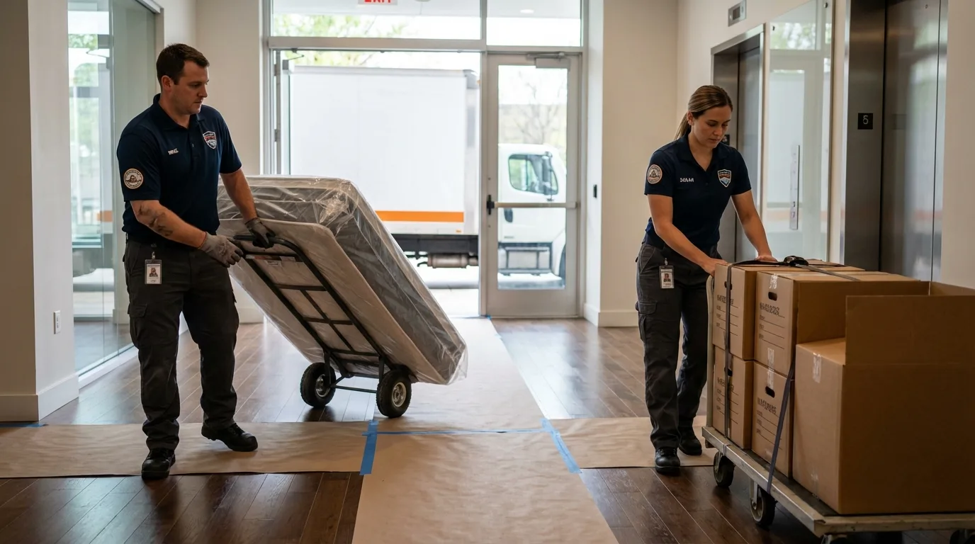 Professional apartment movers loading elevator in Clifton Springs, NY