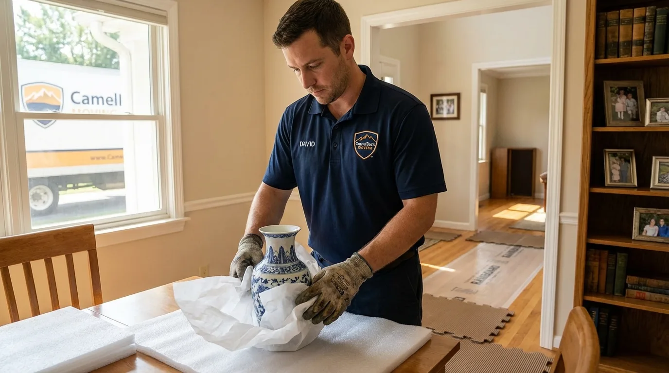 Professional crew carefully wrapping antique vase for senior downsizing move in Clifton Springs, NY
